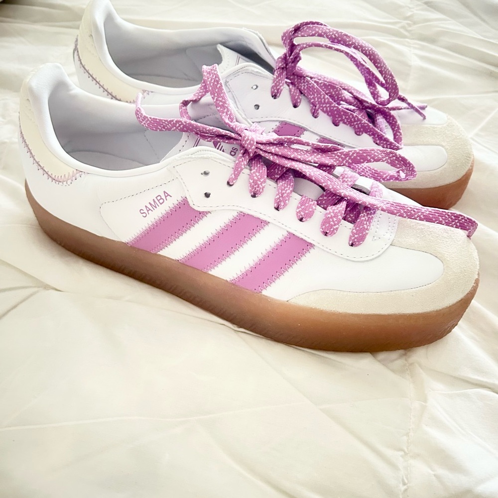 adidas White and Pink Sneakers with Leather Upper and Classic Design